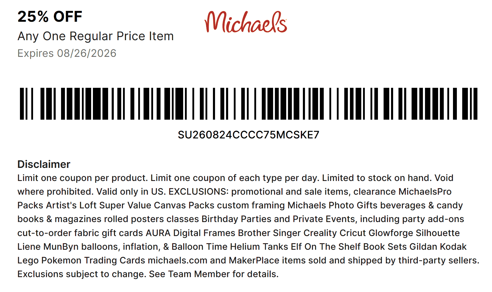 Michaels stores Coupon  25% off a single item today at Michaels, or online via promo code CRE8WITH25 #michaels 