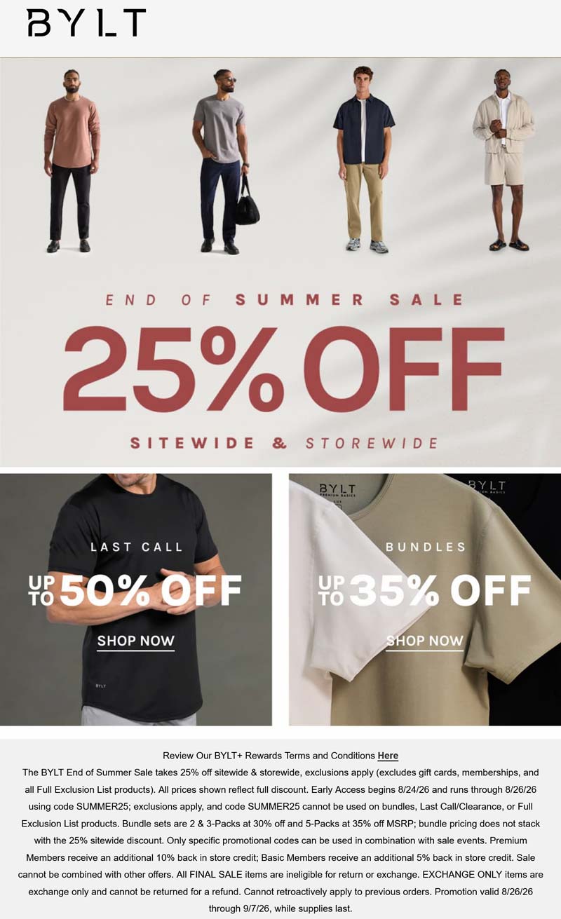 BYLT 25% off everything at BYLT, ditto online #bylt BYLT stores Coupon 25% off everything at BYLT, ditto online #bylt