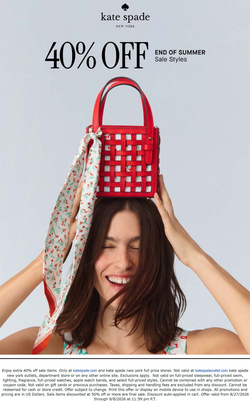 Kate Spade stores Coupon  Extra 40% off sale styles at Kate Spade, ditto online #katespade 