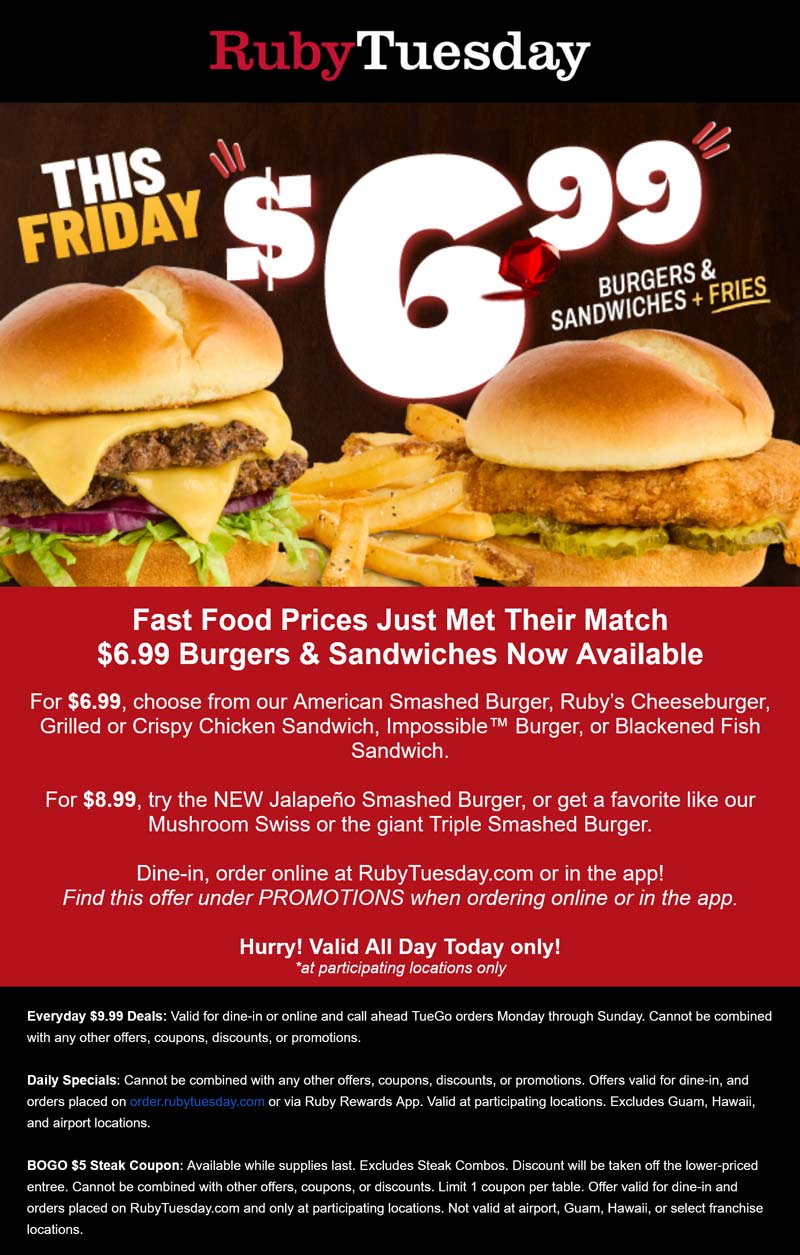 Ruby Tuesday restaurants Coupon  Cheeseburger + fries = $7 today at Ruby Tuesday #rubytuesday 