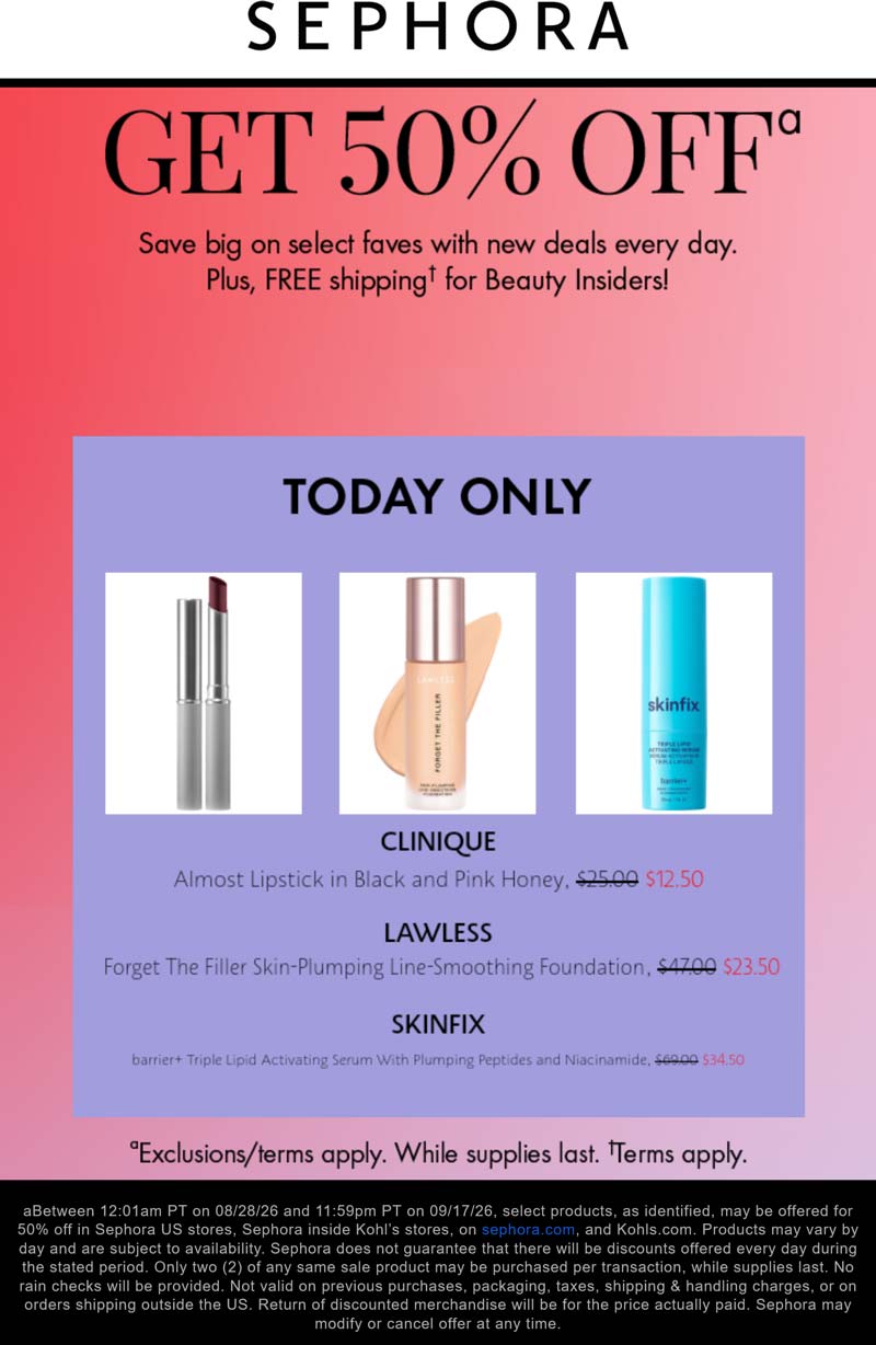 Sephora stores Coupon  Various items 50% off today at Sephora #sephora 