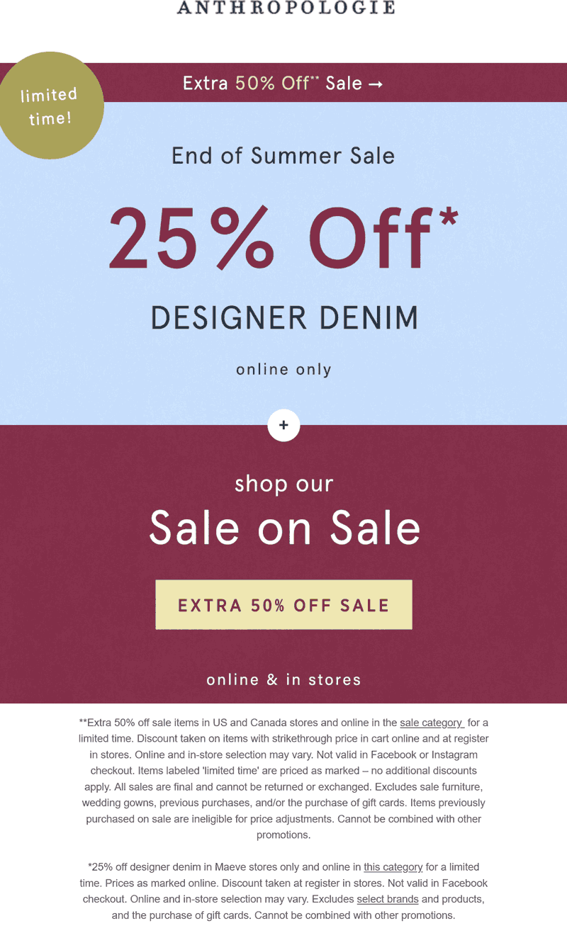 Anthropologie stores Coupon  Extra 50% off sale items & more at Anthropologie, ditto online #anthropologie 