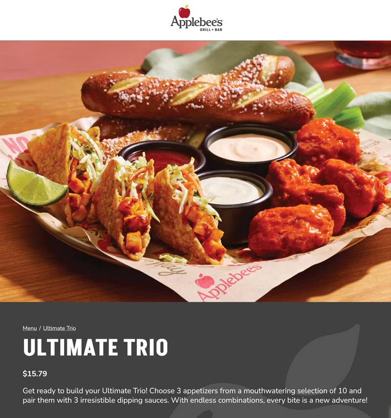 Applebees 3 appetizer trio = $16 at Applebees #applebees Applebees restaurants Coupon 3 appetizer trio = $16 at Applebees #applebees