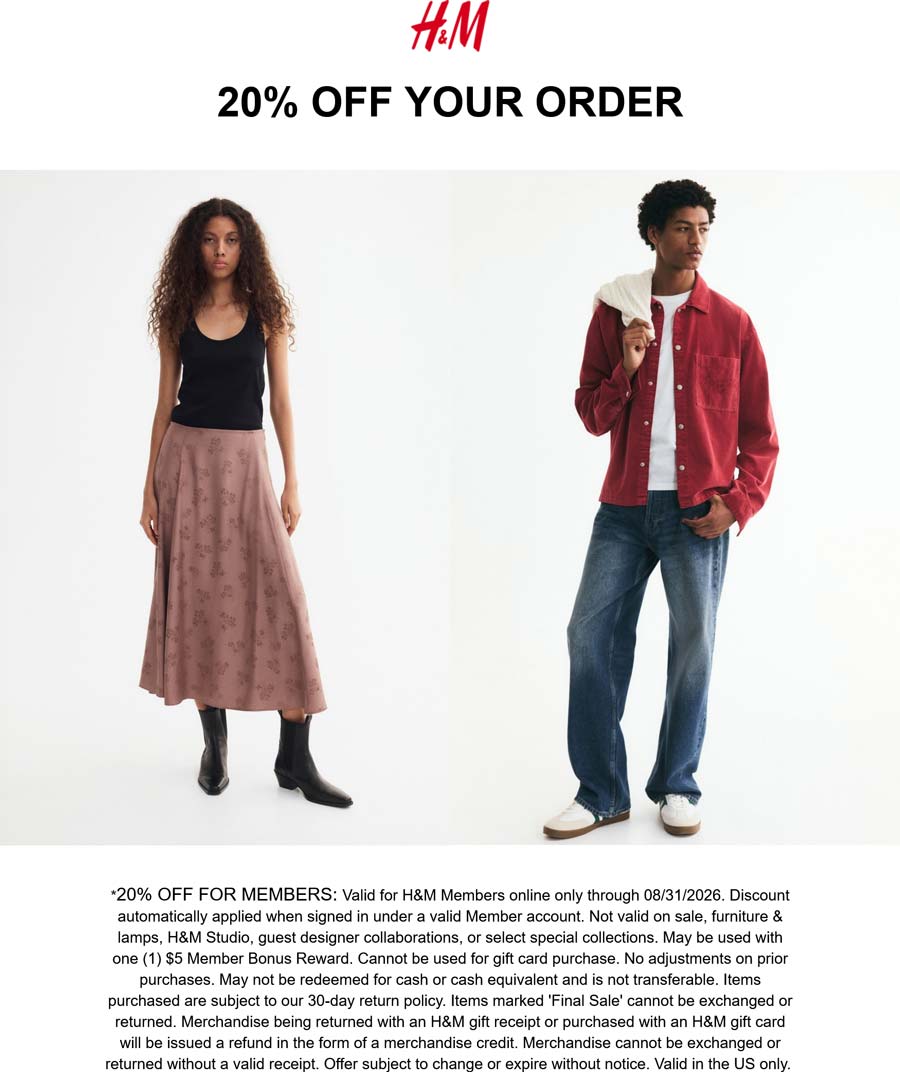 H&M stores Coupon  20% off via login at H&M #hm 