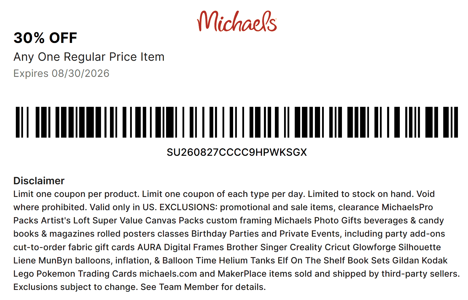 Michaels stores Coupon  30% off a single item at Michaels, or online via promo code MAKEIT30 #michaels 