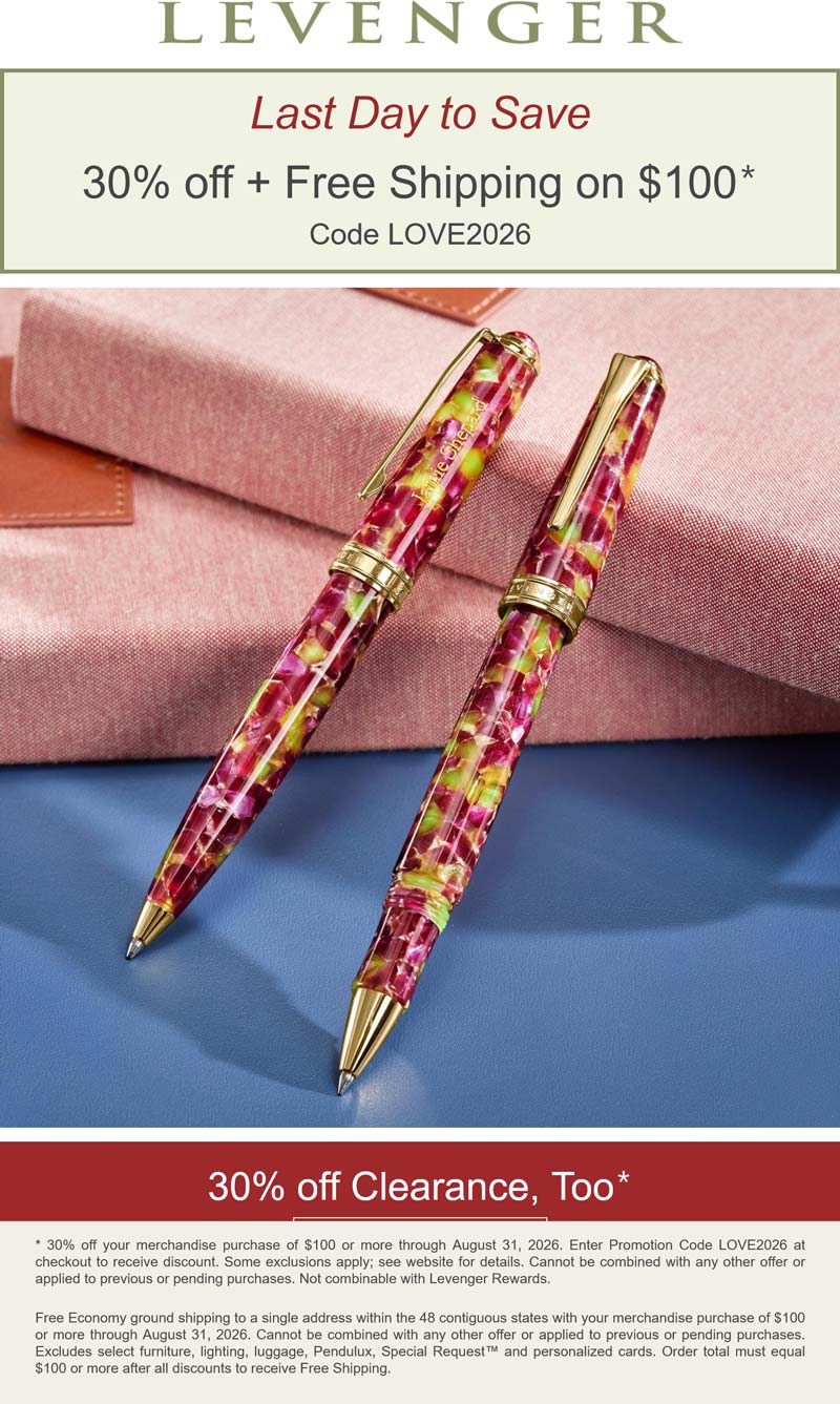 Levenger 30% off $100 today at Levenger via promo code LOVE2026 #levenger Levenger stores Coupon 30% off $100 today at Levenger via promo code LOVE2026 #levenger
