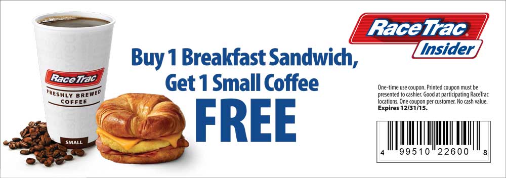 RaceTrac Coupon April 2024 Free coffee with your breakfast sandwich at RaceTrac gas stations