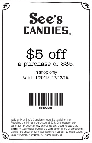 Sees Candies Coupon April 2024 $5 off $35 at Sees Candies