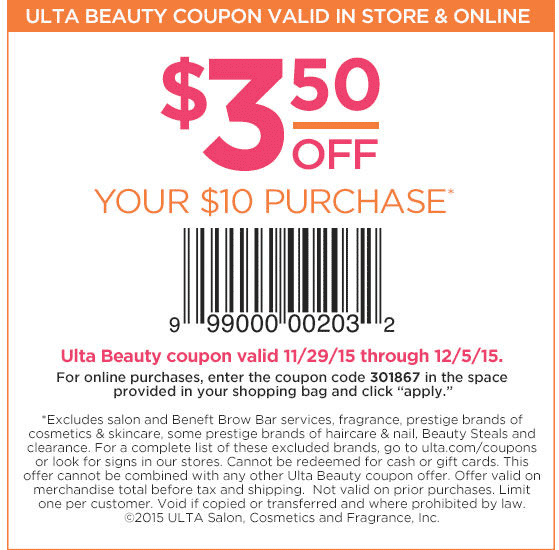 Ulta Beauty Coupon April 2024 $3 off $10 at Ulta Beauty, or online via promo code 301867