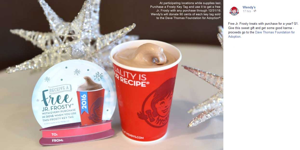 Wendys Coupon April 2024 Free frosty throughout 2016 with $1 keytag at Wendys