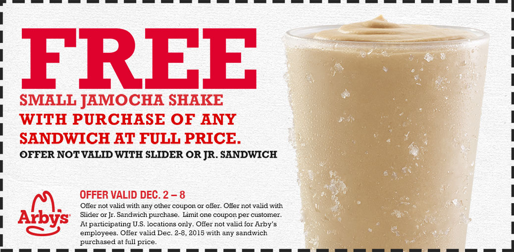Arbys Coupon April 2024 Free jamocha shake with your sandwich at Arbys