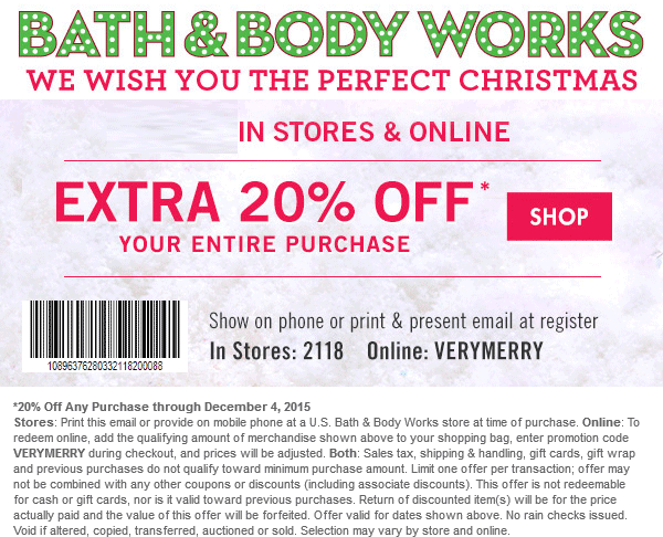 Bath & Body Works Coupon April 2024 Extra 20% off at Bath & Body Works, or online via promo code VERYMERRY