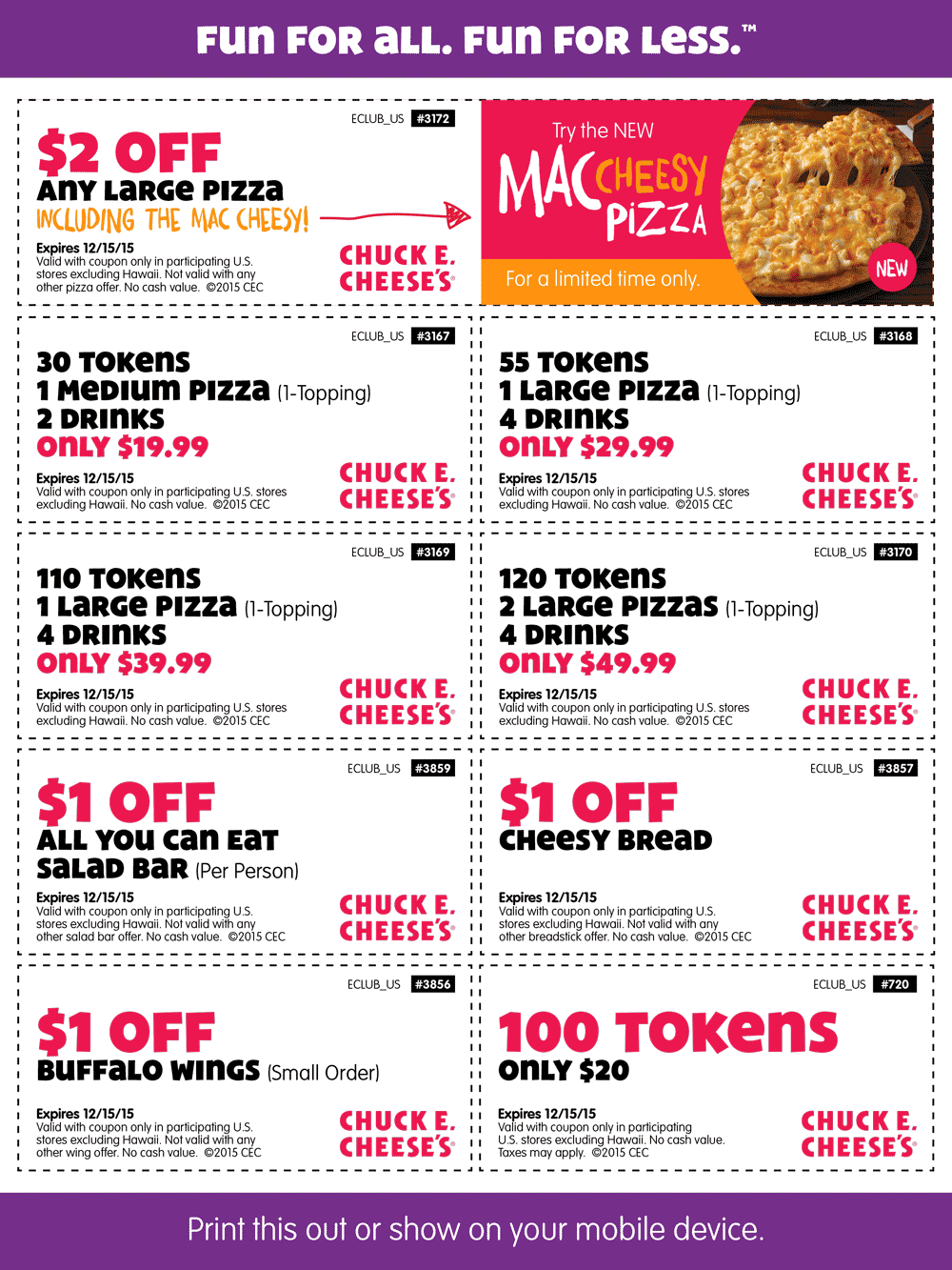 Chuck E. Cheese Coupon April 2024 30 tokens + pizza + drinks or 100 tokens for $20 & more at Chuck E. Cheese