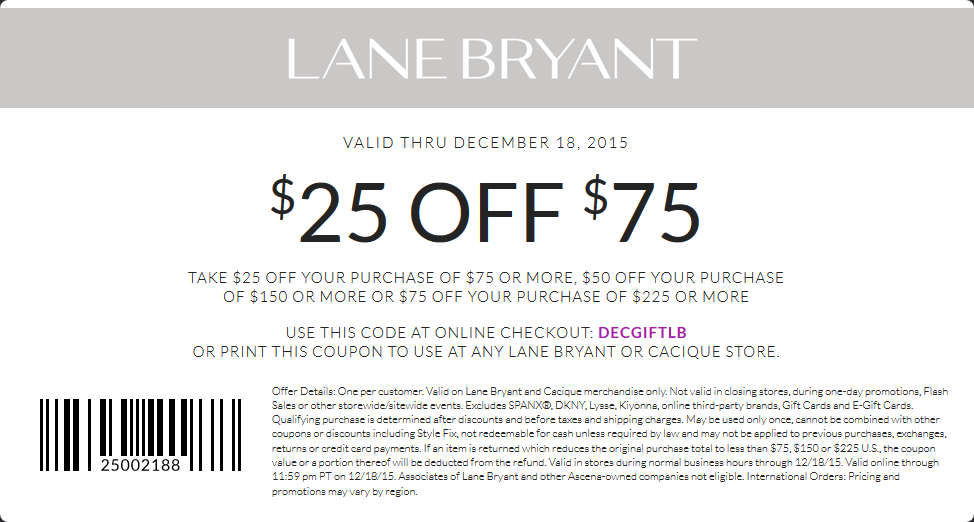 Lane Bryant Coupon April 2024 $25 off $75 at Lane Bryant, or online via promo code DECGIFTLB
