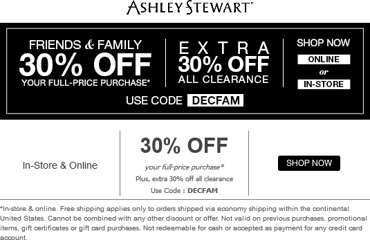 Ashley Stewart Coupon March 2024 Extra 30% off at Ashley Stewart, or online via promo code DECFAM