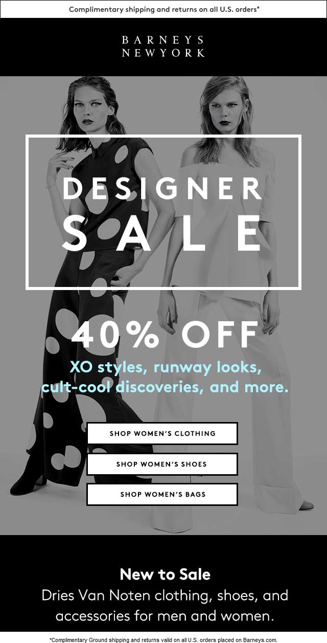 Barneys New York Coupon April 2024 40% off designer sale going on at Barneys New York, ditto online