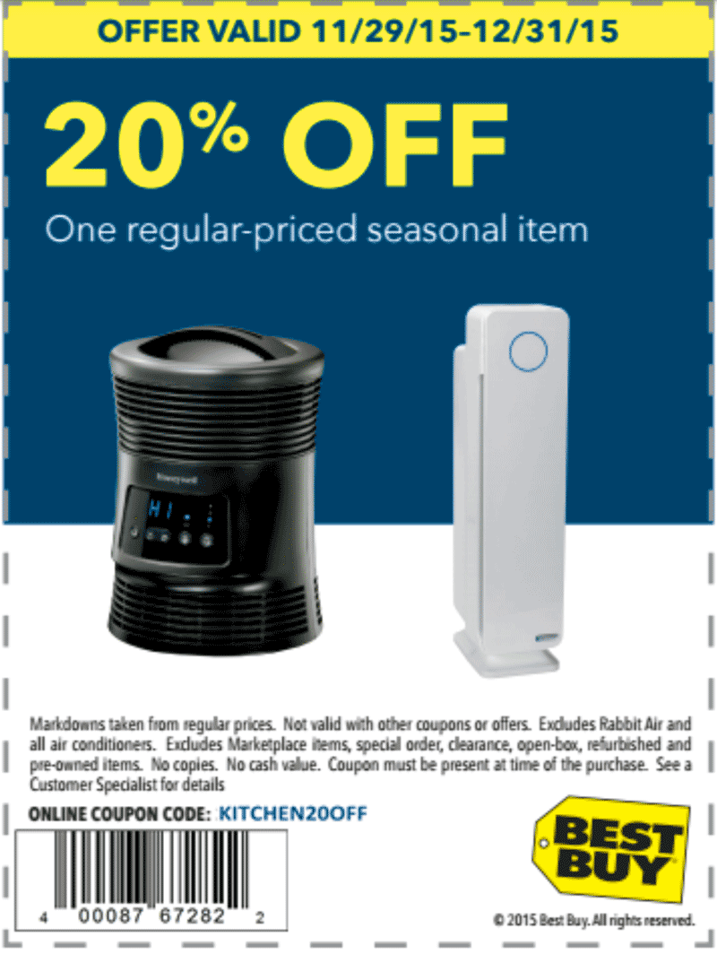 Best Buy Coupon April 2024 20% off a seasonal item at Best Buy, or online via promo code KITCHEN20OFF