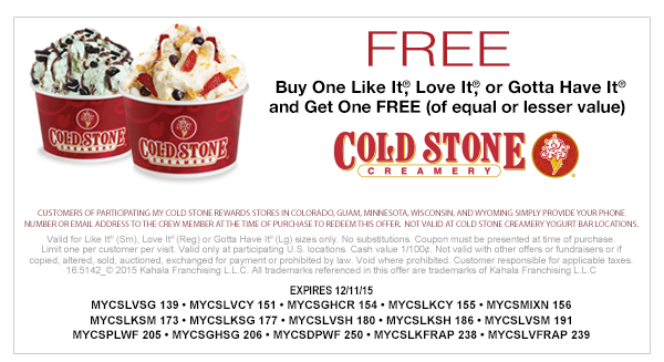 Cold Stone Creamery Coupon April 2024 Second ice cream free at Cold Stone Creamery