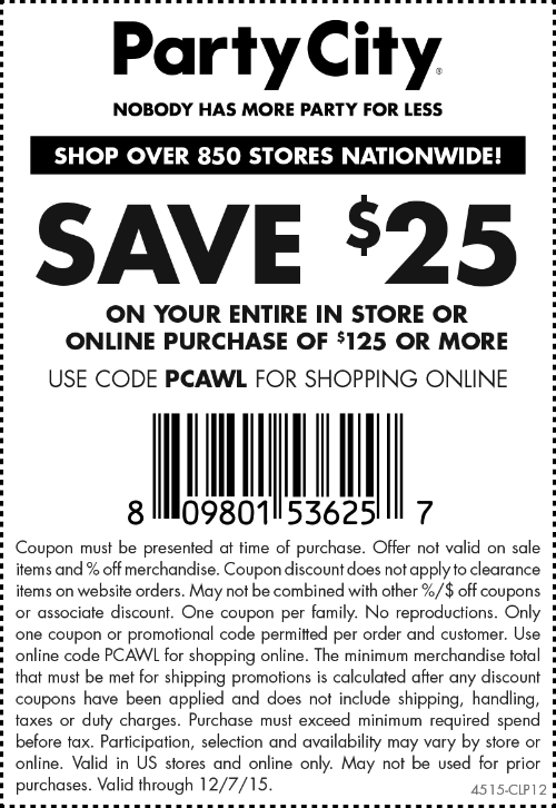 Party City Coupon April 2024 $25 off $125 at Party City, or online via promo code PCAWL