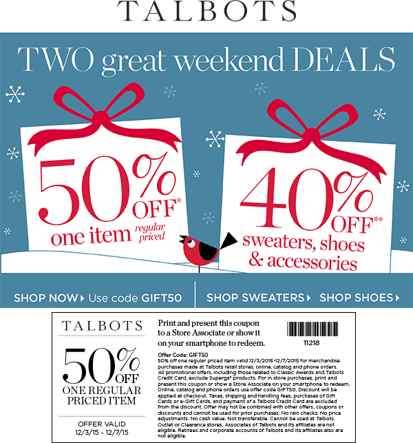 Talbots Coupon April 2024 50% off a single item at Talbots, or online via promo code GIFT50