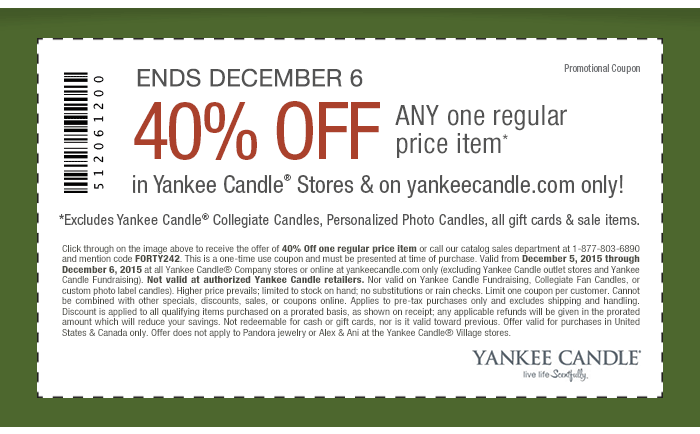 Yankee Candle Coupon April 2024 40% off a single item at Yankee Candle, or online via promo code FORTY242