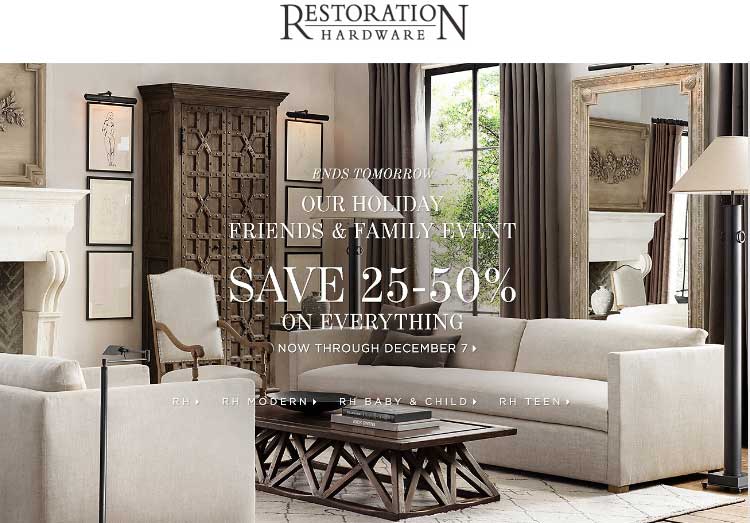Restoration Hardware Coupon March 2024 25-50% off everything at Restoration Hardware, ditto online