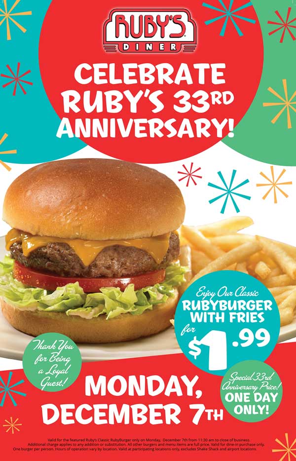 Rubys Diner Coupon April 2024 $2 cheeseburger + fries Monday at Rubys Diner