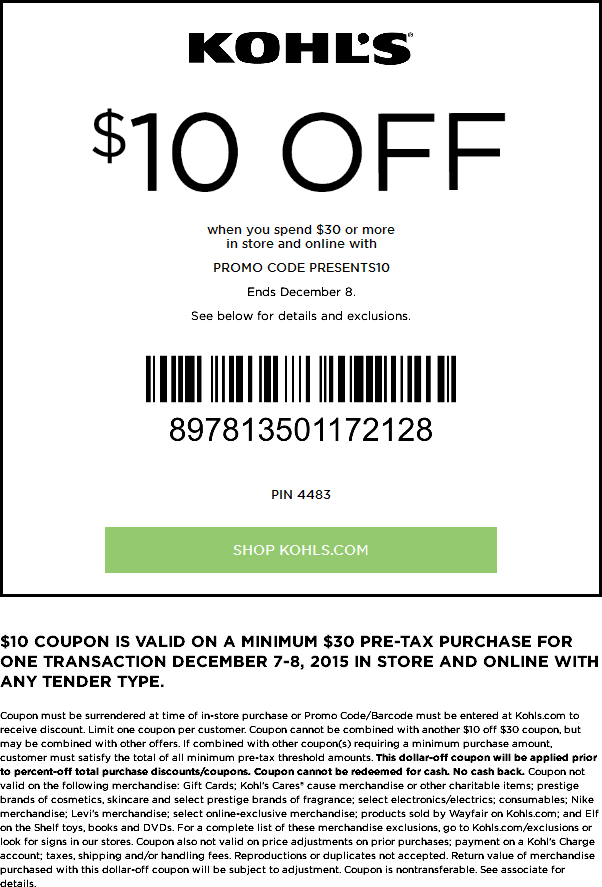 Kohls Coupons - $10 off $30 at Kohls, or online via promo code PRESENTS10