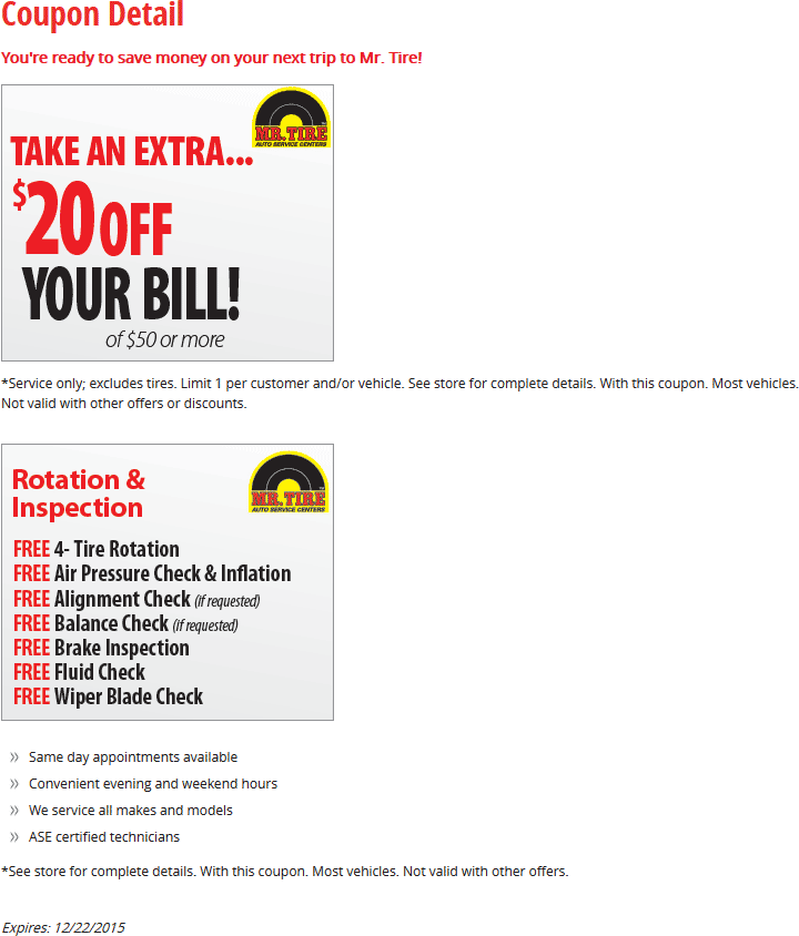 Mr. Tire Coupon April 2024 Free rotation & $20 off $50 at Mr. Tire