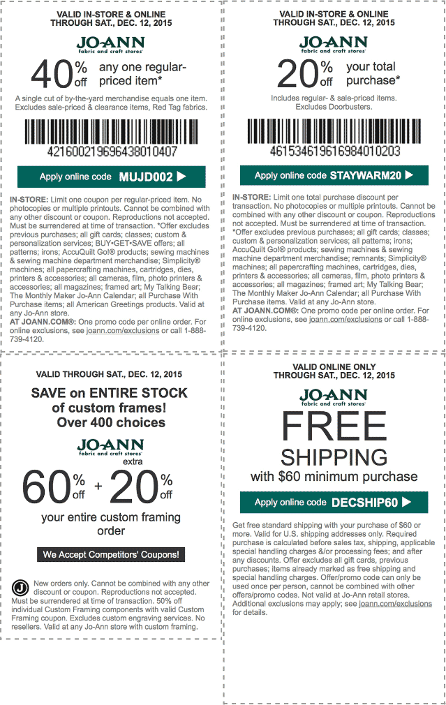 Jo-Ann Fabric Coupon April 2024 20% off everything, 40% off a single item at Jo-Ann Fabric, or online via promo code MUJD002