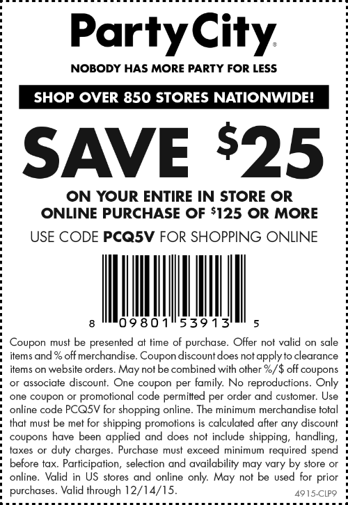 Party City Coupon April 2024 $25 off $125 at Party City, or online via promo code PCQ5V