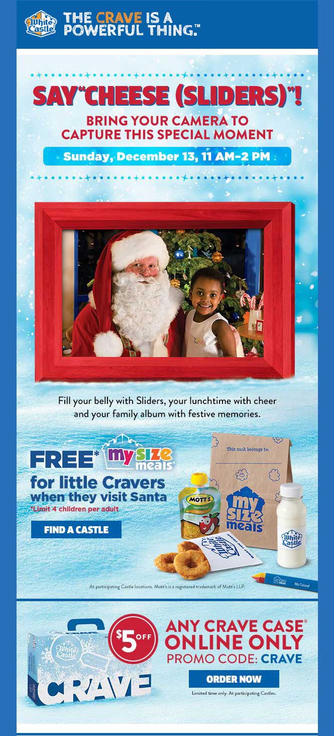 White Castle Coupon March 2024 Free kids meal + photo with Santa Sunday at White Castle