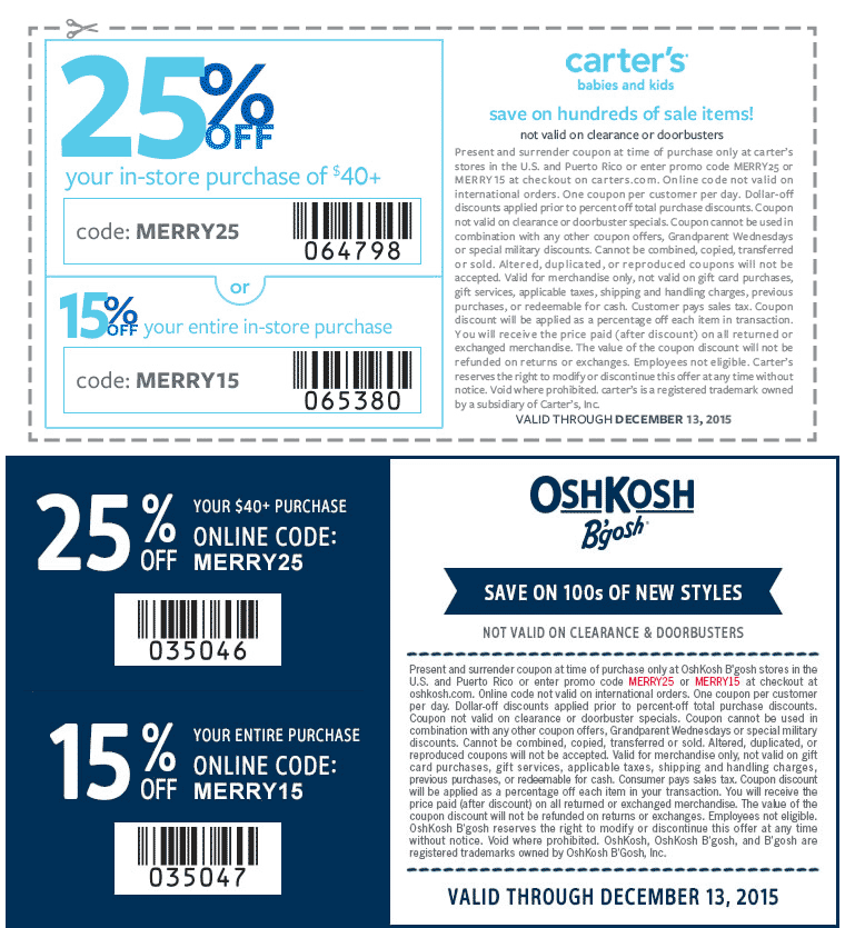 Carters Coupon April 2024 15-25% off at Carters & OshKosh Bgosh, or online via promo code MERRY15