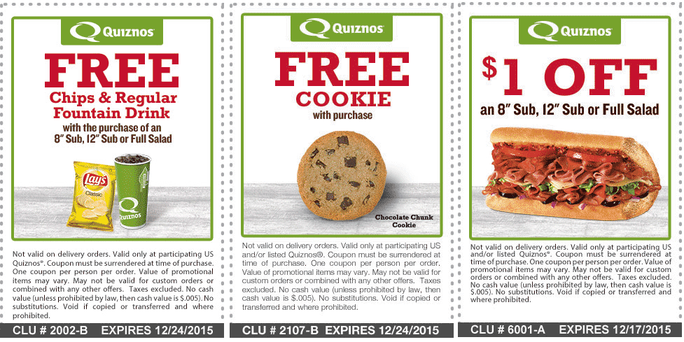 Quiznos Coupon April 2024 Free chips & drink, cookie or $1 off at Quiznos