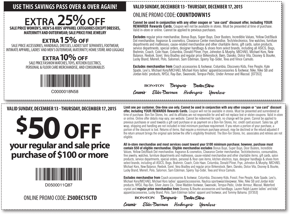 Carsons Coupon March 2024 $50 off $100 & 25% off sale apparel at Carsons, Bon Ton & sister stores, or online via promo codes Z50DEC15CTD & COUNTDOWN15