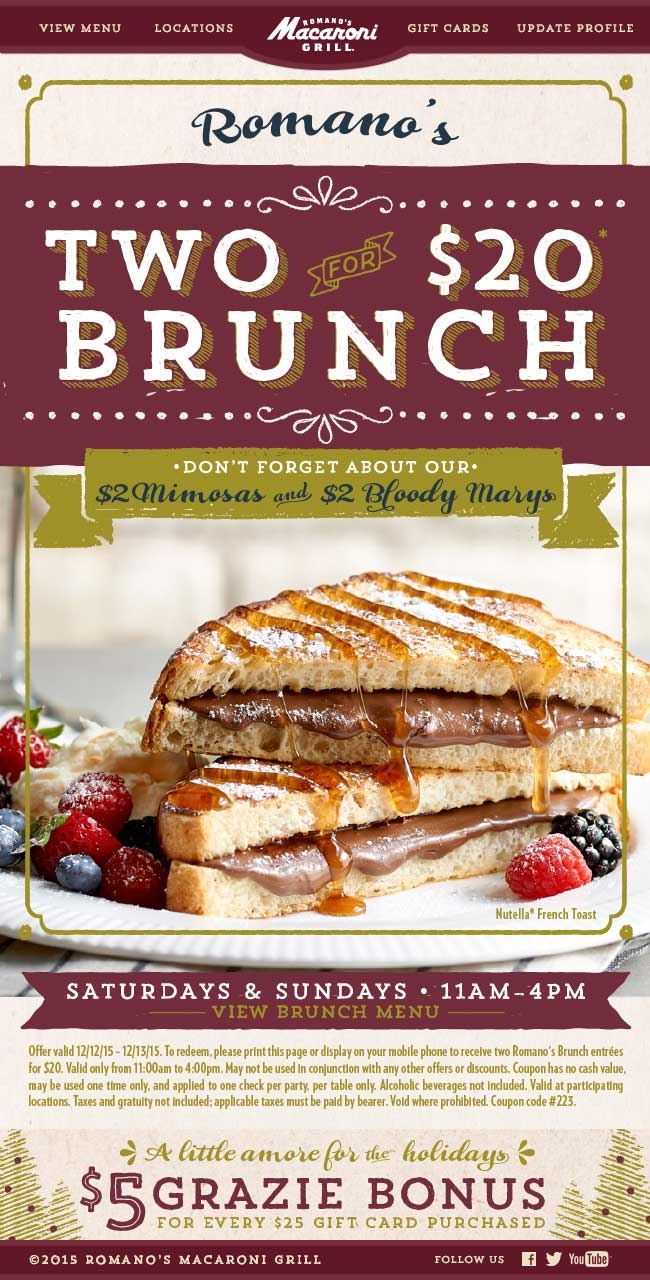 Macaroni Grill Coupon March 2024 Brunch is 2 for $20 today at Macaroni Grill