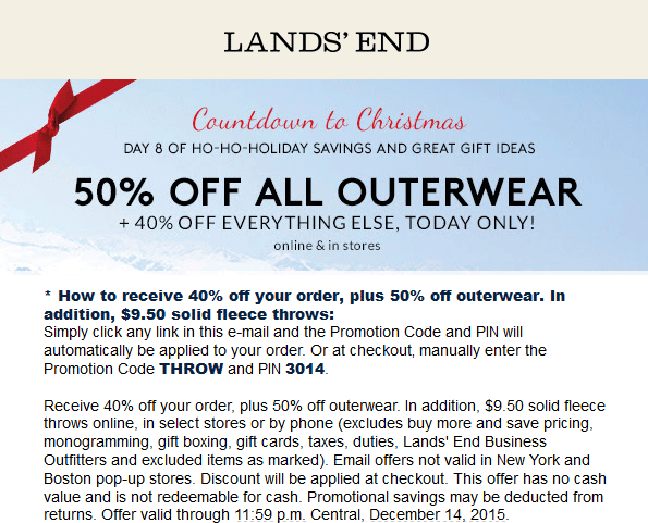 Lands End Coupon April 2024 40% off everything today at Lands End, or online via promo code THROW and pin 3014