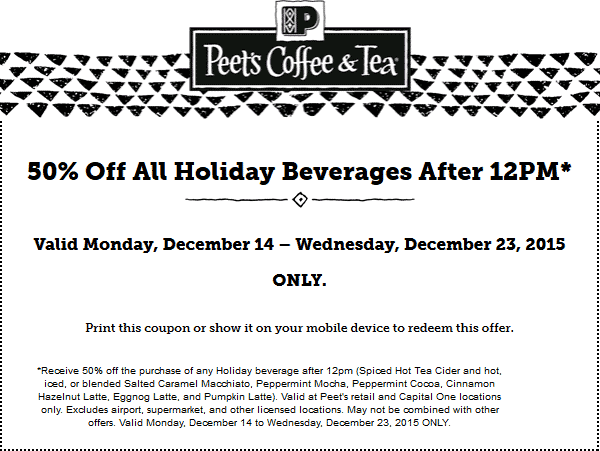 Peets Coffee & Tea Coupon April 2024 50% off holiday drinks after 2pm at Peets Coffee & Tea