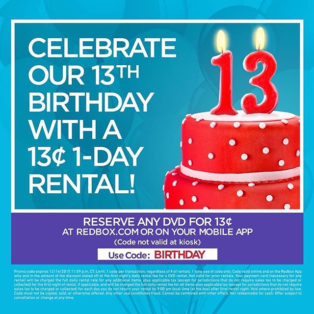 Redbox Coupon April 2024 DVD rental for 13 cents today at Redbox via promo code BIRTHDAY