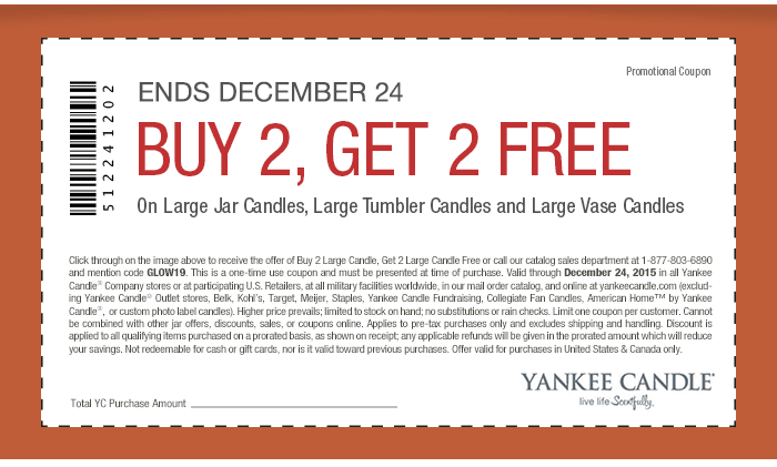 Yankee Candle Coupon April 2024 4-for-2 on large candles at Yankee Candle, or online via promo code GLOW19