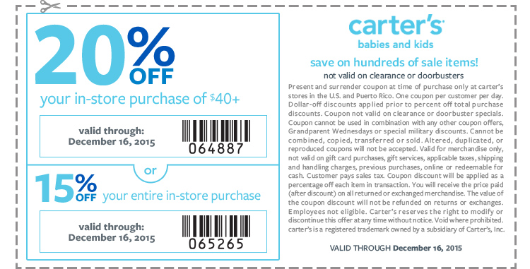 Carters Coupon April 2024 15-20% off at Carters, or online via promo code SAVEDEC