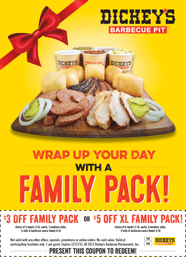 Dickeys Barbecue Pit Coupon April 2024 $3-$5 off a family pack at Dickeys Barbecue Pit