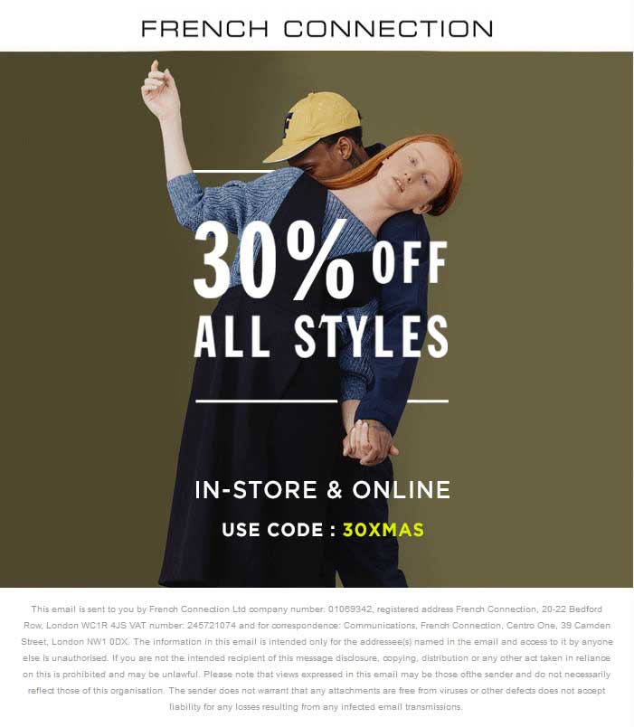 French Connection Coupon April 2024 30% off everything at French Connection, or online via promo code 30XMAS
