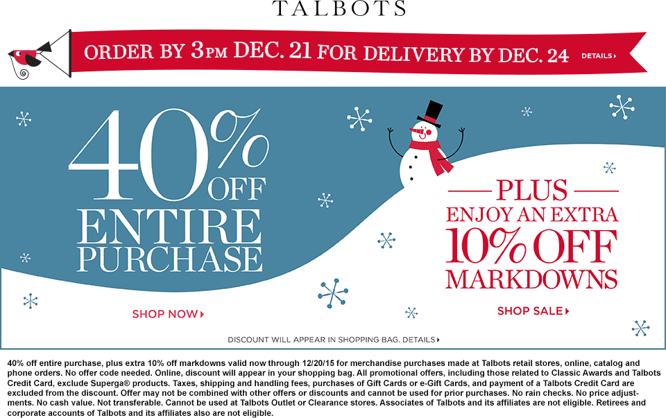 Talbots Coupon April 2024 40% off everything + another 10% off clearance at Talbots, ditto online