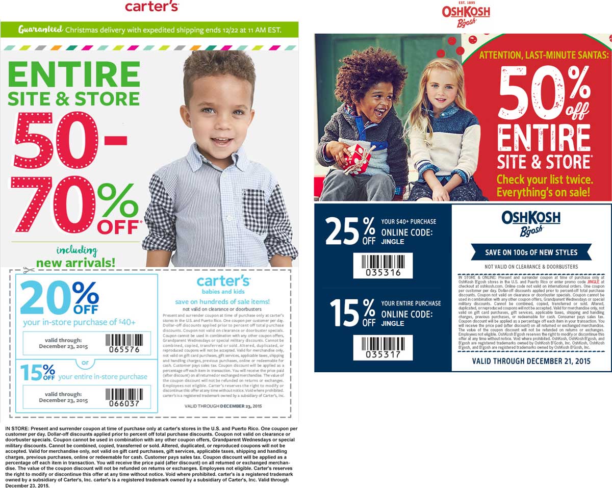 Carters Coupon April 2024 Everything is 50-70% off + another 15-25% off at Carters & OshKosh Bgosh, ditto online