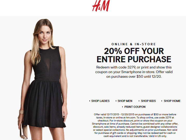 H&M Coupon April 2024 20% off $50 at H&M, or online via promo code 3279