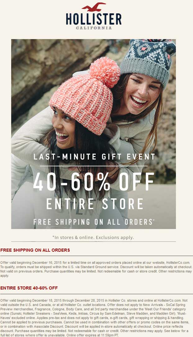 Hollister Coupon March 2024 40-60% off everything at Hollister, ditto online