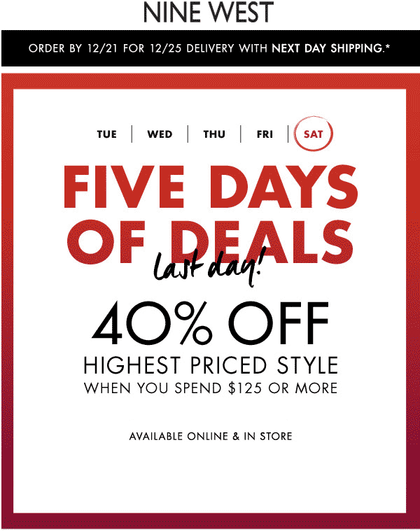 Nine West Coupon April 2024 40% off 1 item on $125 spent today at Nine West, ditto online