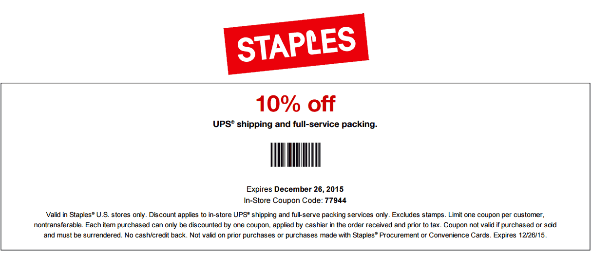 Staples Coupon April 2024 10% off UPS shipping & packing at Staples