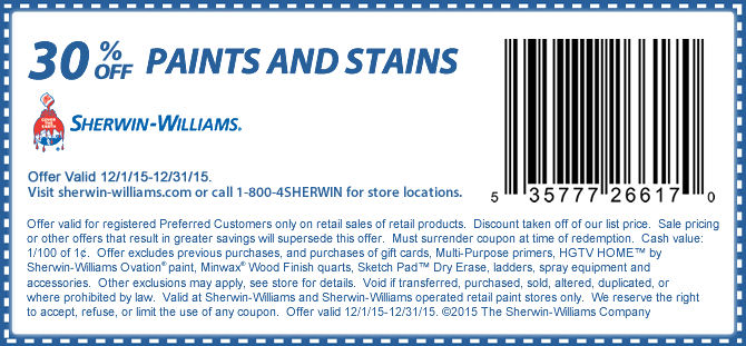 Sherwin Williams Coupon March 2024 30% off paints & stains at Sherwin Williams